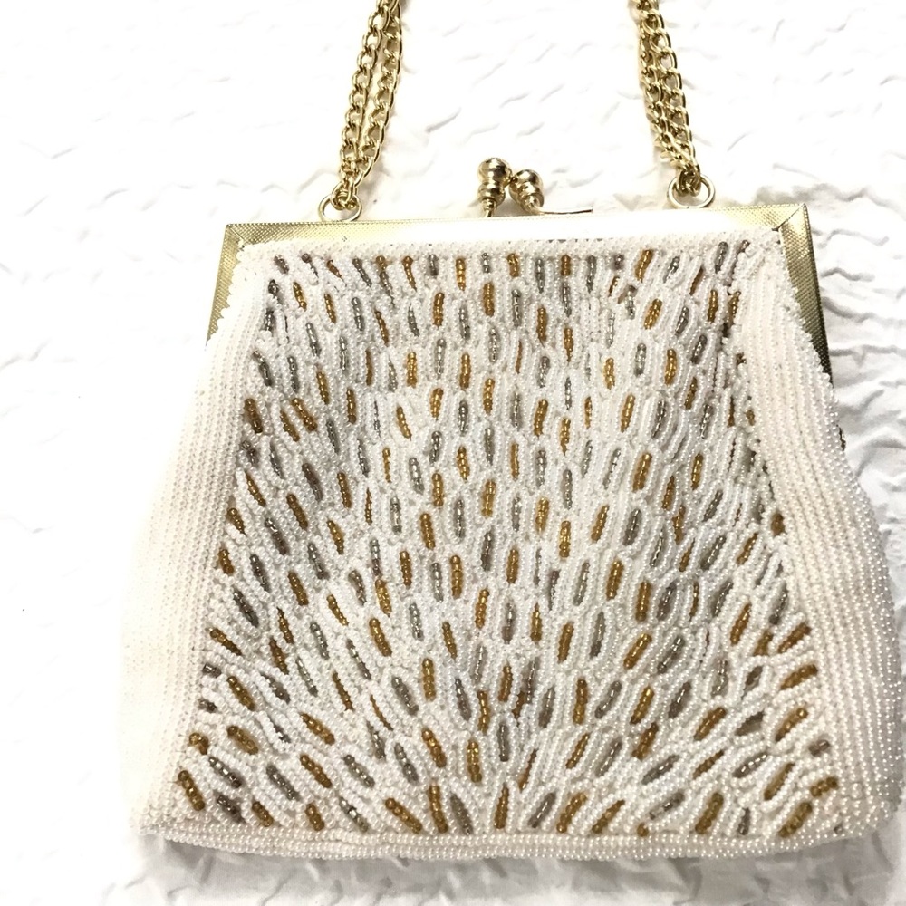 Vintage 1950s-1960s Walborg Hong Kong Ivory, Silver & Gold Beaded Mini  Purse. - Picture 5 of 9
